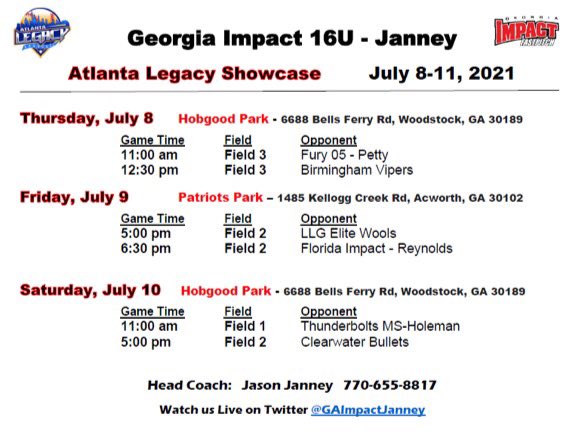 Georgia Impact - Janney/Lewis (@gaimpactjanney) on Twitter photo Here is our schedule this week <a href="/LegacyShowcase/">Legacy Showcase</a>. This team is excited to get back on the dirt this week! Here is our schedule this week <a href="/LegacyShowcase/">Legacy Showcase</a>. This team is excited to get back on the dirt this week!