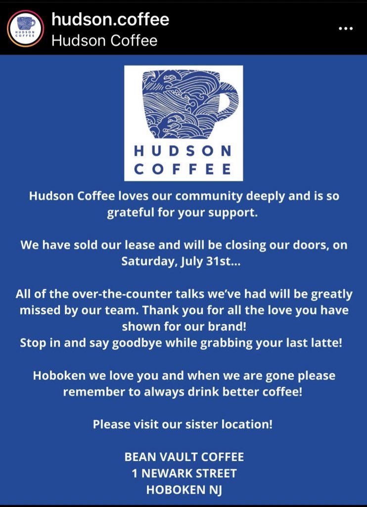 HiddenHoboken's tweet photo. Sad news! Thank you @hudson_coffee_ for being our trusty escape throughout the pandemic...and our favorite place to shop local vendors. We will miss you! Back to @beanvaultcoffee! https://t.co/aOjGiHgHbD