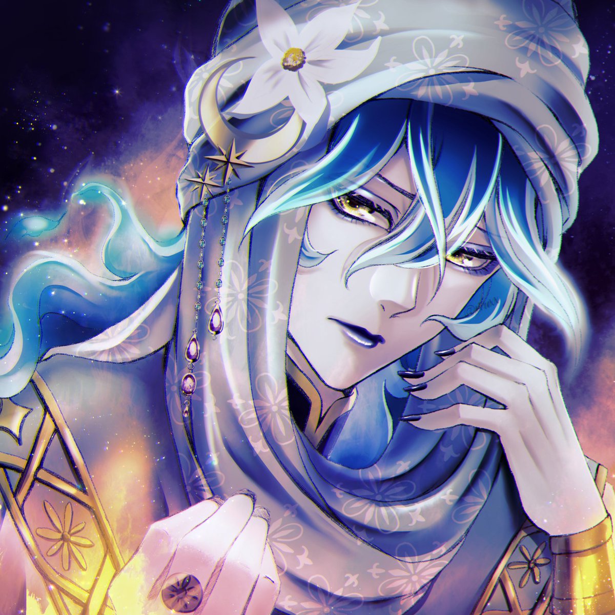 1boy male focus yellow eyes solo blue hair long hair makeup  illustration images