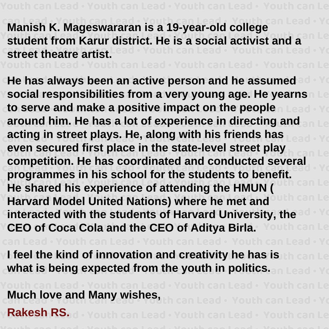 rakeshshamsher's tweet photo. 'Next Gen Maiam - Interactions Between Young Minds'
INTERACTION 3:
July 3, 2021 - Manish K. Mageswaran
@ikamalhaasan @maiamofficial
#YouthCanLead #YouthInPolitics #YouthCanChange
#NextGenMaiam #YouthPower https://t.co/kZ1ip65Tyo