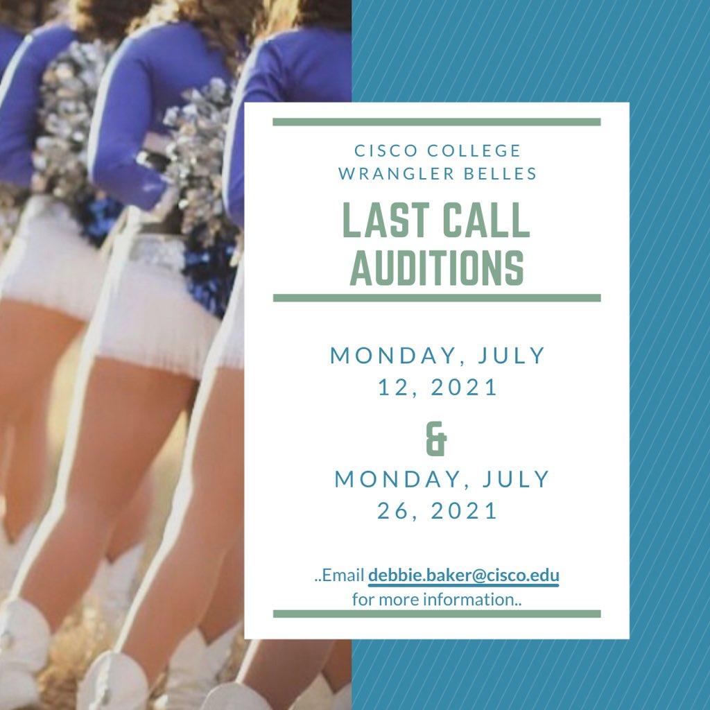 WranglerBelles's tweet photo. Interesting in auditioning for the Cisco College Wrangler Belles? Our final two audition dates of the summer are coming up! To learn more, head over to our website (link in bio) or email Director Debbie Baker at debbie.baker@cisco.edu. Join the Wrangler Belle family today! 💙🤍 https://t.co/f0xzcmlxjo