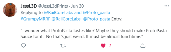 RailCoreLabs's tweet photo. The winner of the #GrumpyMRRF contest is @JessL3dPrints! Congratulations! We'll DM you with details.
Thanks to all who participated, and thanks to @Proto_pasta for sponsoring! https://t.co/SGyeEztLGn