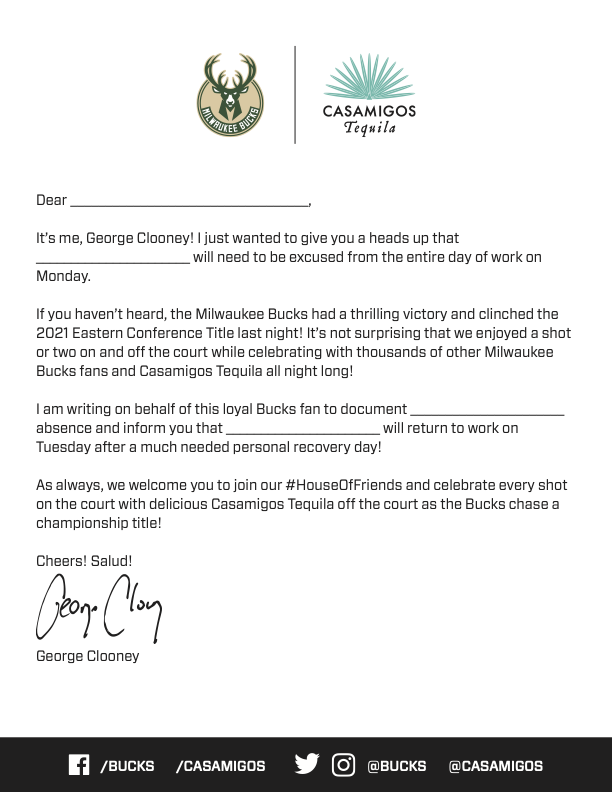Bucks's tweet photo. See you Tuesday.

The best fans in the NBA deserve an extra long weekend.

#FearTheDeer | @Casamigos https://t.co/Iu8ibdv5eQ