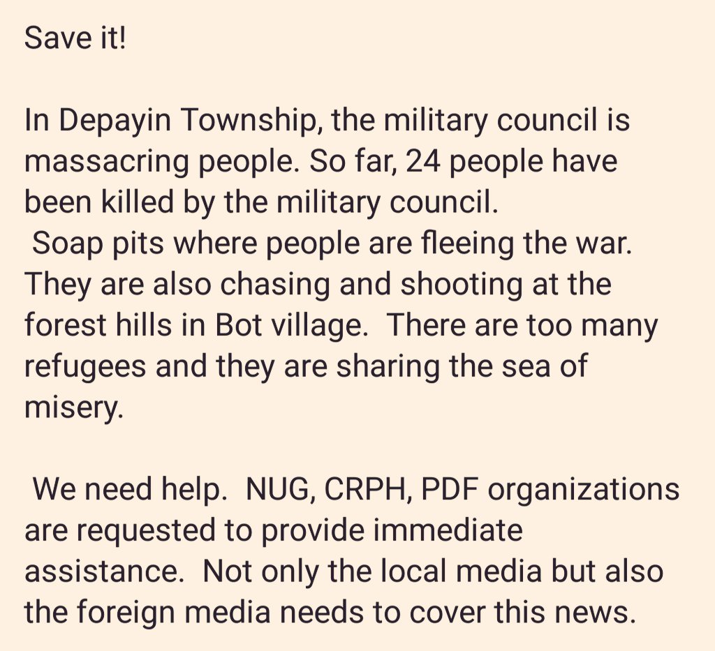 OhnmarThant4's tweet photo. ဒီပဲယင်းကိုကယ်တင်ပါ
ဘာသာလေးမျိုးနဲ့ရေးထားတာလေးကို Tweetလို့အဆင်ပြေအောင် လုပ်ထားပါတယ်
#July4Coup 
#WhatsHappeningInMyanmar 💔
Save #Depayin 
#WeWantJustice
@UN @UNHumanRights @ICJ_org @ICJ_Asia @ASEAN 
Please #SaveMyanmar 🙏 https://t.co/TLu2NhHm44