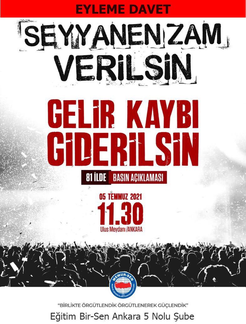 05 Temmuz Pazartesi saat 11:30 da Ulus Meydanındayız

Eğitim Bir-Sen Ankara 5 Nolu Şube olarak son günlerde yapılan elektrik ve doğalgaz zamları ve oluşan Enflasyonun maaşlarımıza yansıtılmasını talep etmek için toplanıyoruz. Davetlimizsiniz