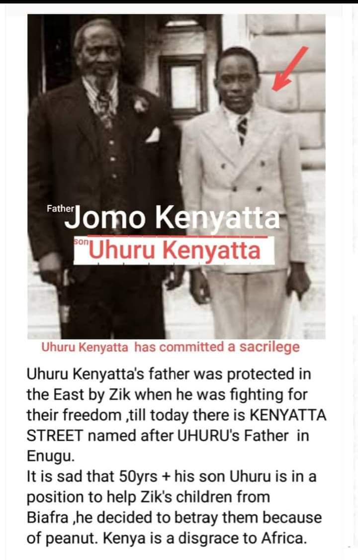 oluchisystem's tweet photo. Some People Very Ungrateful.

Father of Uhuru Kenyatta was protected by Nnamdi Azikiwe in Igbo land when he was fighting for their freedom.

Sadly, 50+ after, his son betrayed the Igbo people that saved his father by abducting, torturing &amp; handed Nnamdi KANU over to the killers. https://t.co/cA7GpzKOvf