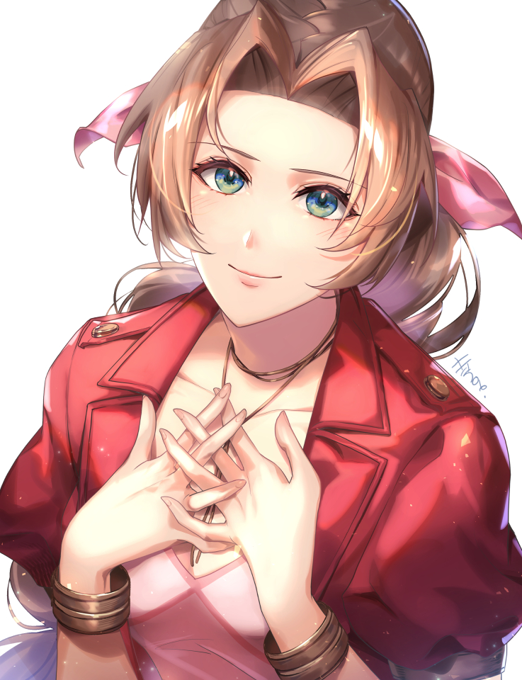 aerith gainsborough 1girl solo brown hair jacket long hair pink dress red jacket  illustration images