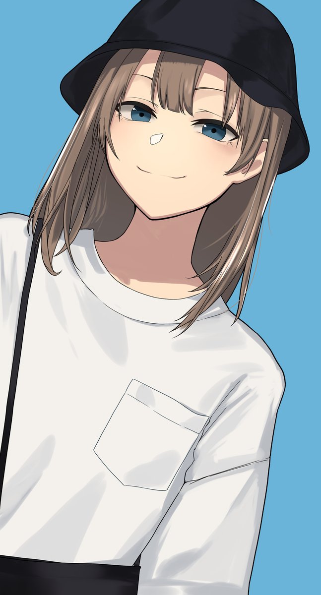 1girl solo blue eyes hat smile simple background blue background  illustration images