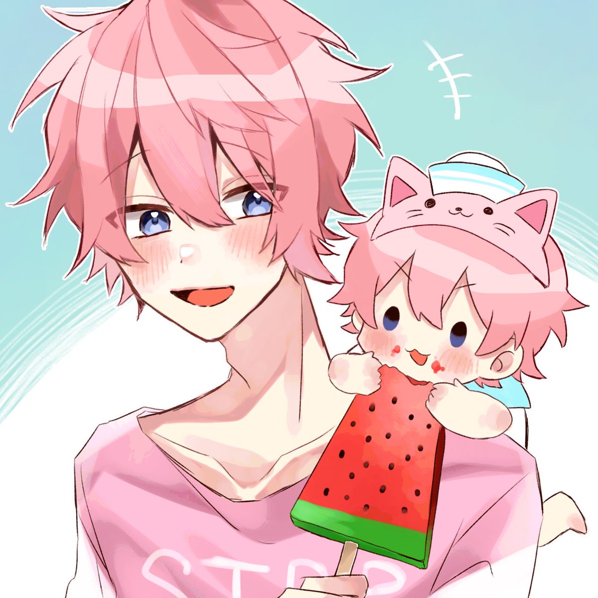 「スイカバーとさとみくんとさとちゃん🐱🍉
#さとみギャラリー 」|ぴみみ👶のイラスト