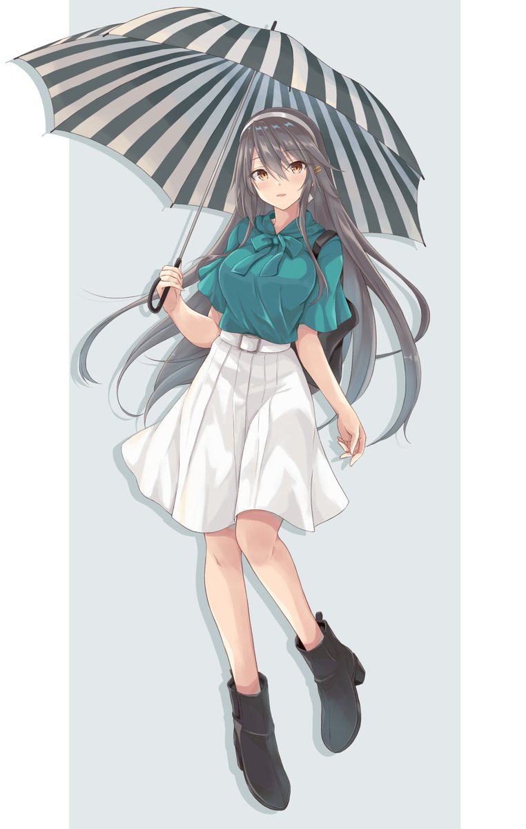 haruna (kancolle) 1girl umbrella solo long hair white hairband skirt hairband  illustration images
