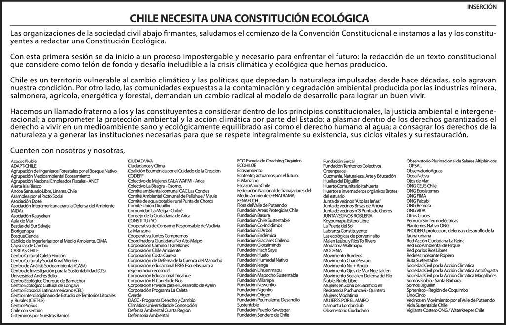 LoreMQ's tweet photo. 145 organizaciones de todo Chile se unen por una constitución ecológica! Desde @cisterninosx saludamos este día histórico y esperamos una constitución que respete el medio ambiente y a nuestras comunidades! https://t.co/vW4D0PEiLQ