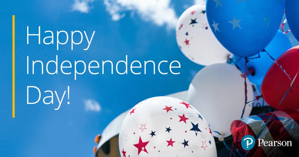 Happy Independence Day; a picture of the sky with red, white, and blue balloons and the US flag