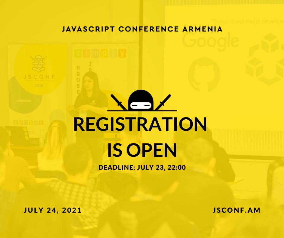 varszakaryan's tweet photo. YOUHOO! EXCITING NEWS!!! ๐๐
The registration is now open! ๐
Request your invitation to #JSConfAM21 at https://t.co/a41EuVChPe
NOTE: Invitations are sent out only once a week. https://t.co/hkwPglcd76