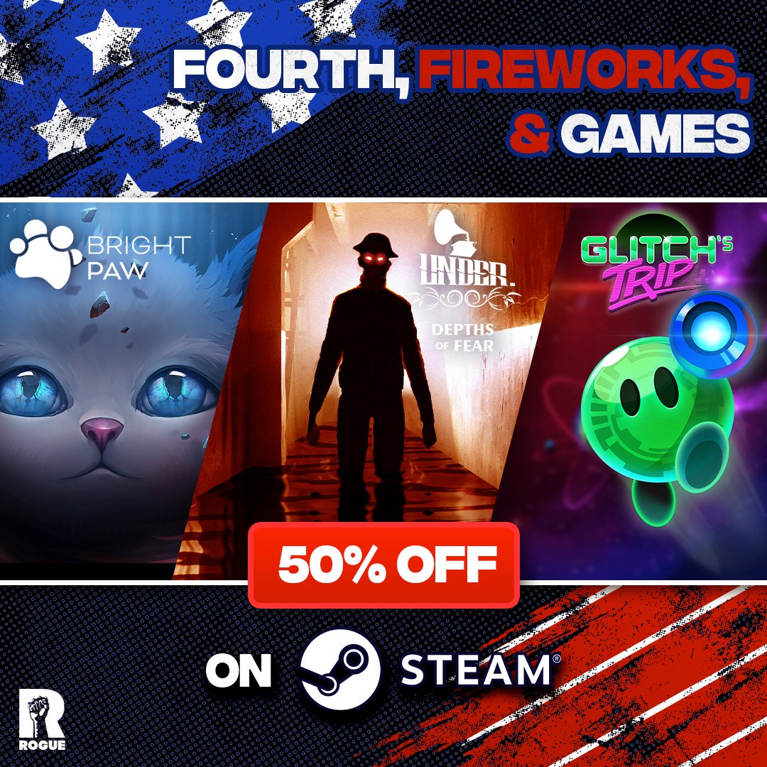 Rogue_Co's tweet photo. Independence Day Checklist: BBQs, Beer, and Video Games! We got the games, you bring the rest. Happy 4th of July!

#Happy4thofJuly #4thofJuly #IndependenceDay #IndieGames #SteamSummerSale #BrightPaw #UnderDepthsofFear #GlitchsTrip https://t.co/hRYIPrS8wD