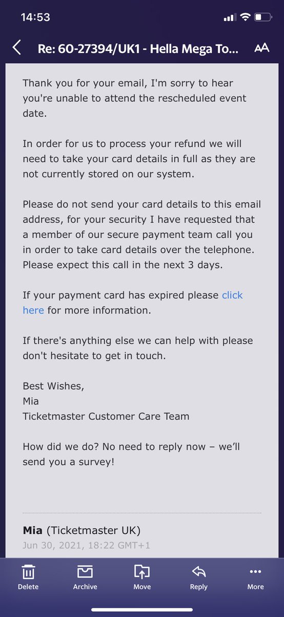 mary_noone's tweet photo. @TicketmasterCS I have been chasing a refund. Despite tickets showing as cancelled still no refund. Opened another ticket and got this. I received a refund for others without issue? Is this the only way? I don’t know who is ringing and can’t always answer. this is ridiculous! https://t.co/rTwvH0amtZ