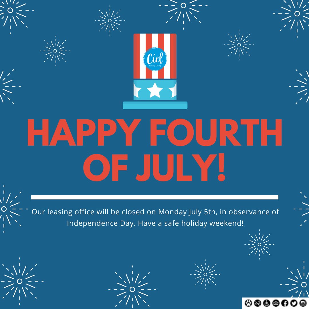 CielLiving's tweet photo. Happy Independence Day from Ciel! Stay safe this holiday weekend! 🎆 #IndepencenceDay #4thofJuly #YouMatter #WRHRealty WRH Realty Services, Inc. https://t.co/8JjzYbahfe