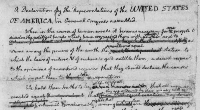 librarycongress's tweet photo. INDEPENDENCE DAY: Check out Thomas Jefferson's rough draft of the Declaration of Independence, complete with deletions, corrections, insertions &amp; other edits from members of his committee prior to July 4. https://t.co/JYjKJOtzcU #FourthOfJuly #IndependenceDay https://t.co/Ps8DQx6MM8