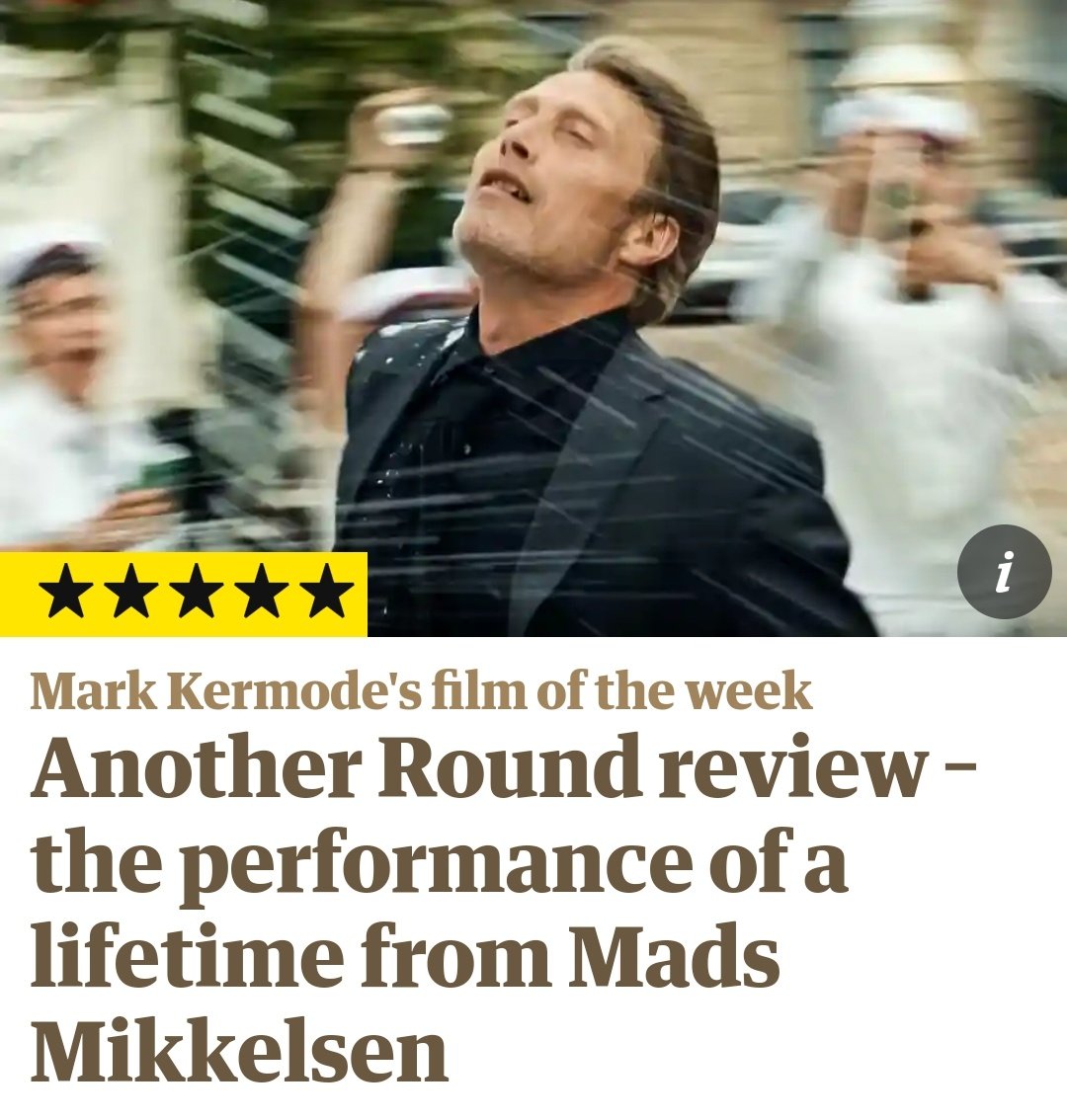 Great review <a href="/kermodeMovie/">Mark Kermode</a> <a href="/guardian/">The Guardian</a> 'Tragedy, comedy &amp; Kierkegaard collide' in Thomas Vinterberg’s ANOTHER ROUND winning <a href="/BAFTA/">BAFTA</a> #Oscar it is 'mischievously unruly in tone, yet shot through with a flinty shard of sadness, it’s his finest &amp; most personal film since 1998’s Festen'