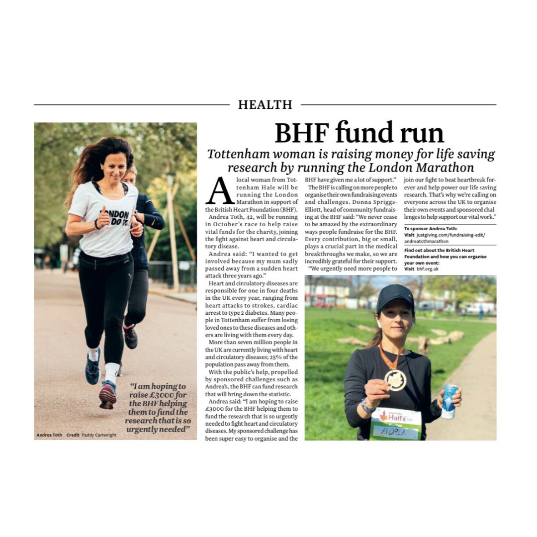 Thank you Tottenham Community Press @tottenhamcp for publishing my fundraising story for the British Heart Foundation <a href="/TheBHF/">British Heart Foundation</a> in the last month’s paper. #londonmarathon #fundraising