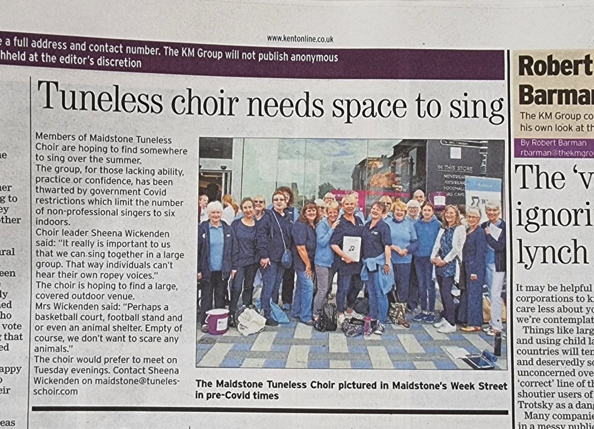 Thankyou to <a href="/KM_newsroom/">Kent Messenger</a> <a href="/Kent_Online/">KentOnline</a> for publishing our request for an outdoor venue in #Maidstone 
We are really hoping that from the 19th July we can go back to singing inside with more than 6 singers but if not we will need a larger outdoor venue 🙏