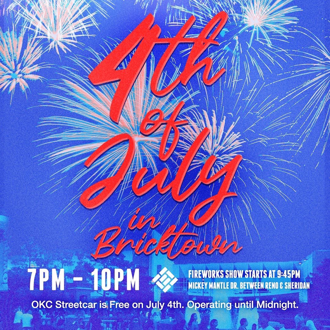 PizzaRendezvous's tweet photo. Planning your Independence Day celebrations? 🎆 Join us in @_Bricktown for free fireworks, and free rides on the streetcar! #transitip - all 5️⃣ @ParkingOKC garages have easy access to the streetcar. Find your spot here: https://t.co/GM5m8sHvhi https://t.co/r7b4jADVHZ