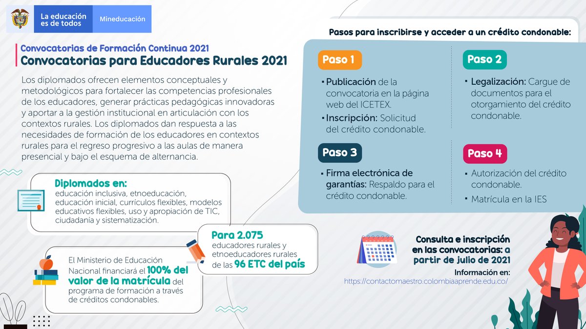 Si eres docente, directivo docente o etnoeducador rurales, te invitamos a participar en los Diplomados en actualización pedagógica y sistematización con énfasis en contextos rurales y comunitarios que ofrece la convocatoria de Formación Continua 2021 ➡ bit.ly/3fJzSqc