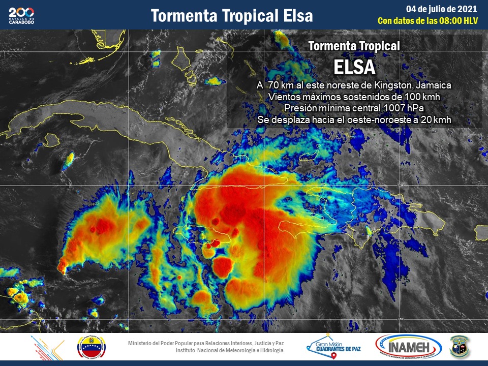 #4Jul ||Ministra
 A/J▶️.<a href="/gestionperfecta/">Carmen Meléndez</a>:
La tormenta tropical Elsa se ubica al Sureste de Jamaica, desplazándose hacia el Oeste-Noroeste, a una velocidad promedio de 22 km/h, con vientos máximos sostenidos de101 km/h y no representa riesgo para Venezuela"
#LuchaContraLaCovid19
