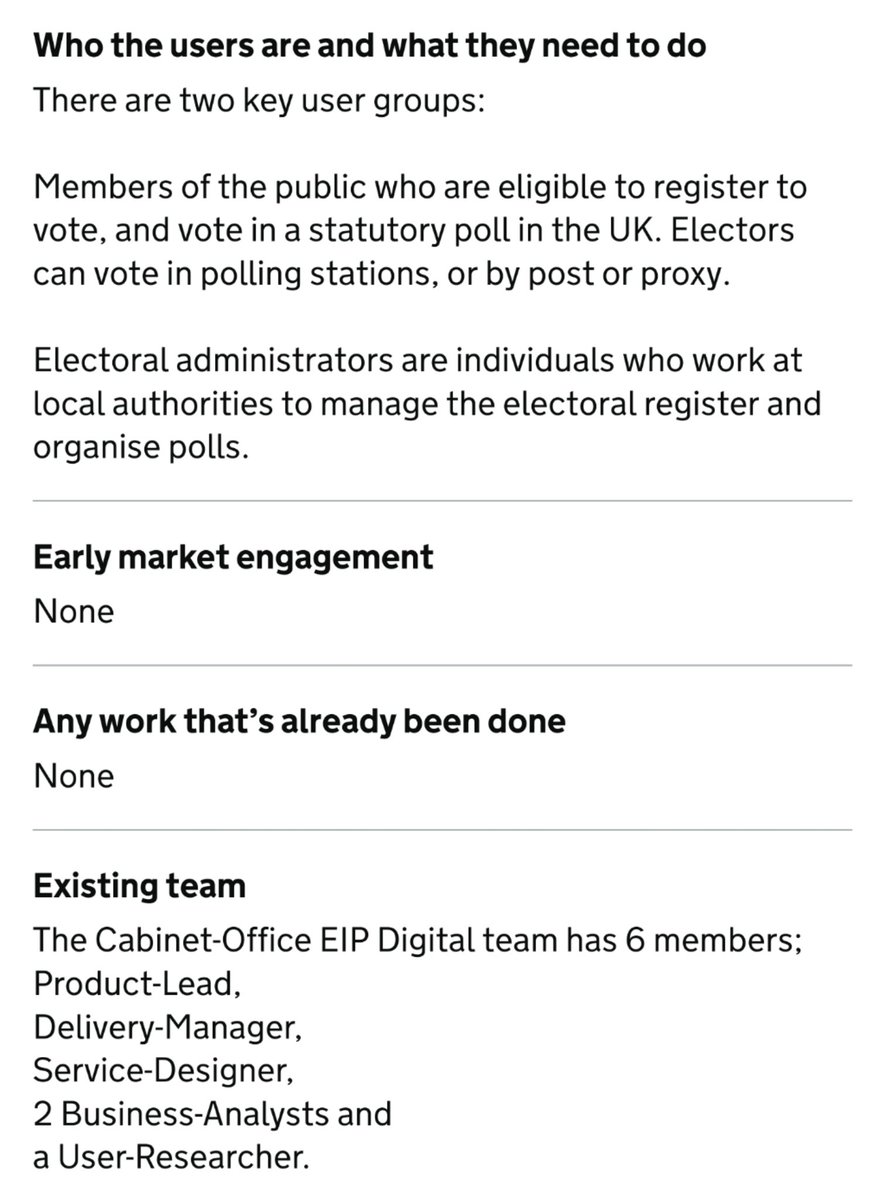 EinsteinsAttic's tweet image. Hmm 🤔

£100k on consultants for ANOTHER #IDsystem (#VoterID) that ignores / cuts across whatever @GDSTeam is doing with #GOVUKaccounts and @DCMS's #ID "#TrustFramework"?

It's almost as if the left hand hasn't a clue what the right hand is doing...

digitalmarketplace.service.gov.uk/digital-outcom…