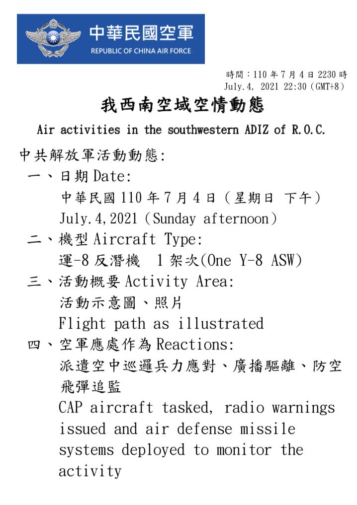 MoNDefense's tweet photo. One PLA Y-8 ASW entered #Taiwan’s southwest ADIZ in the afternoon of July. 4, 2021. Please check our official website for more information: https://t.co/a7SPRG2BbR https://t.co/4zbE0c5Xof