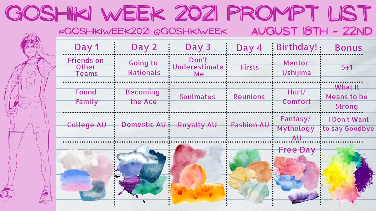 goshikiweek's tweet image. 🌟Goshiki Week 2021 Prompt List🌟

Goshiki Week is a celebration of our favorite Ace that will run from August 18th and end on Goshiki's birthday, August 22nd! Please be sure to tag your entries with #GoshikiWeek2021🌟

Text version of prompts and rules: docs.google.com/document/d/1FT…