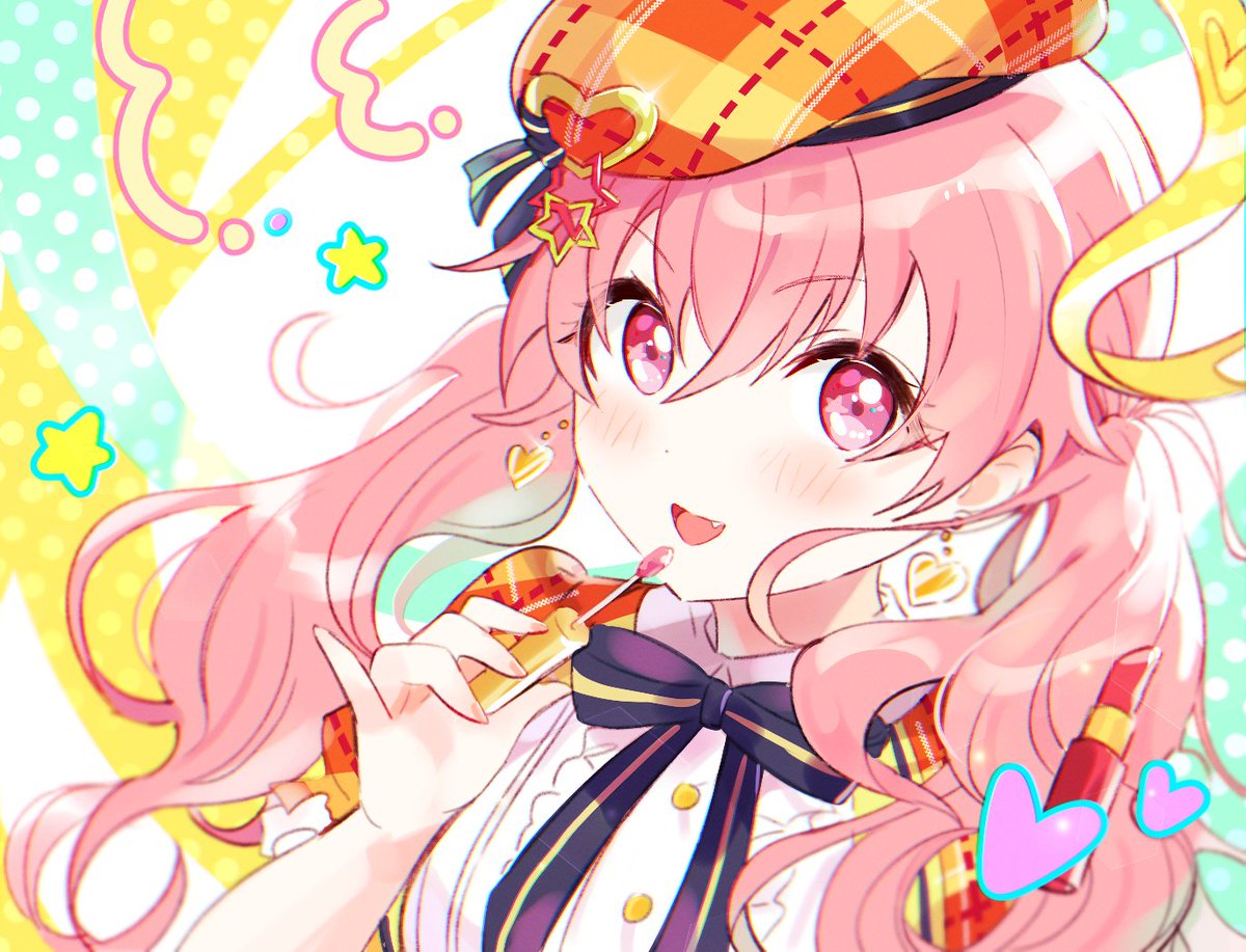 1girl pink hair solo twintails hat pink eyes earrings  illustration images