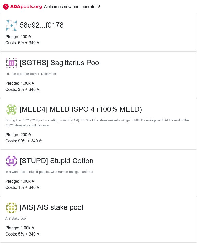 cexplorer_io's tweet photo. https://t.co/xw0WREABJG welcomes new pools!
#SGTRS #Sagittarius Pool #MELD4 #MELD ISPO 4 (100% MELD) #STUPD #Stupid Cotton #AIS #AIS stake pool #KNY11 #stakepool for kanayama #IHWP #InHotWaterPool #cardano $ADA
👉 https://t.co/ujXY0tIcr5 👈 https://t.co/Qk5crgHQQm