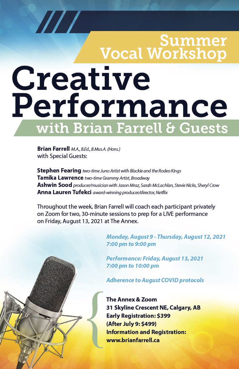 BFarrellVocal's tweet photo. Summer Vocal Workshop w Brian Farrell &amp; Guests
Aug 9-13, Calgary
Register New Website: https://t.co/gFDIphJj1s https://t.co/NLdArxqKQK