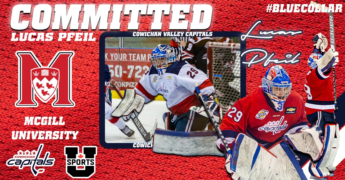 cowichancaps's tweet photo. The Capitals are excited to announce that graduated goaltender Lucas Pfeil (@pfeil29)  has committed to McGill University! Congratulations Lucas!

🔗 https://t.co/lGbpLqIPbx

#BlueCollar | @McGillHockey https://t.co/Q7wRlV35eg