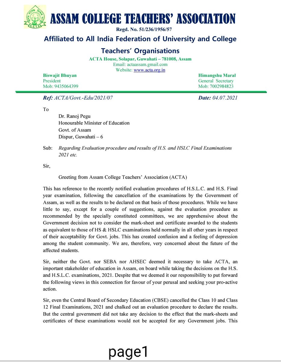ACTA_ASSAM's tweet photo. Request the Govt. to revoke the decision not to acceptHSLC and HS  results to be declared based on specially devised evaluation procedure for Govt. jobs. This would result in glaring discrimination. Wrote to the Honourable Education Minister.
@himantabiswa
@ranojpeguassam https://t.co/xF76kAXdci