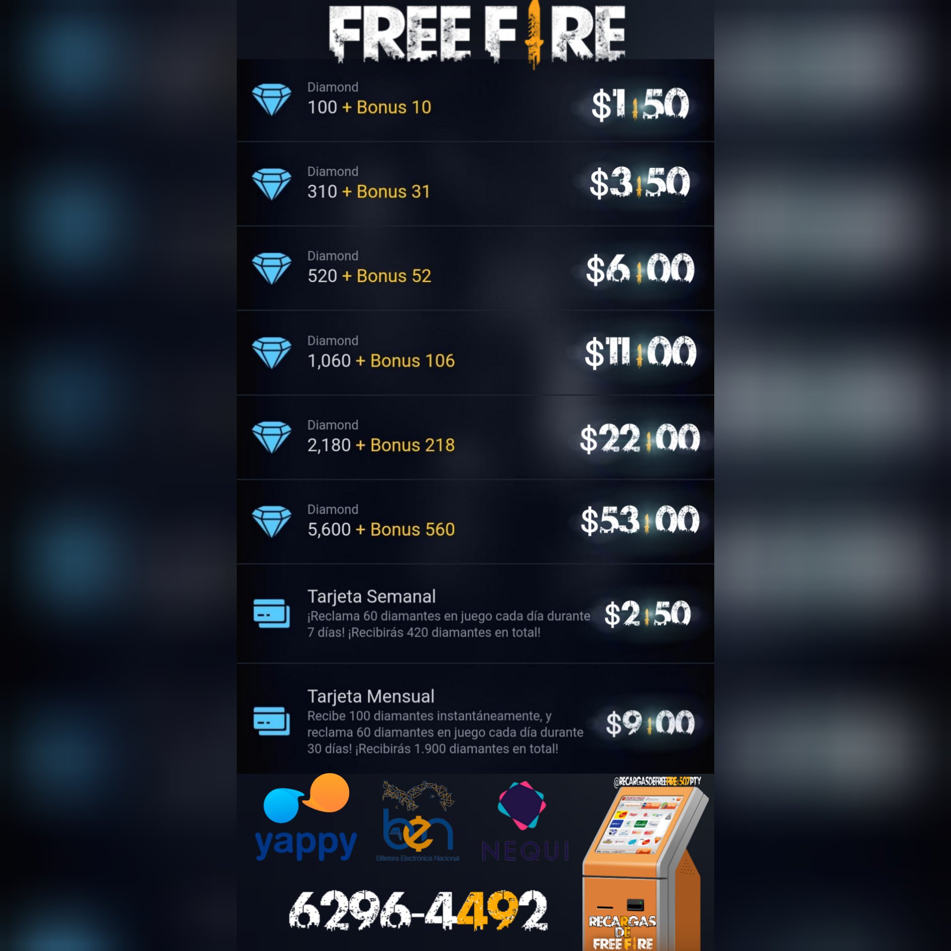 Recarga Free Fire Diamonds, Preço Barato