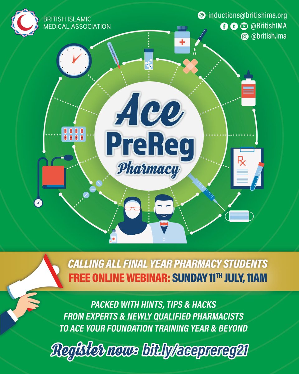 BritishIMA's tweet photo. Want to ACE your Foundation Training (Pre-Reg)? Join our FREE webinar packed with hints &amp; tips from a range of pharmacists. Grab every learning opportunity &amp; grow to become a pharmacist that is 🧷SAFE, ✅EFFECTIVE &amp; 📿 SPIRITUAL #aceprereg21 Register at: https://t.co/aTSCMMgs6J https://t.co/rZq11Enkjm