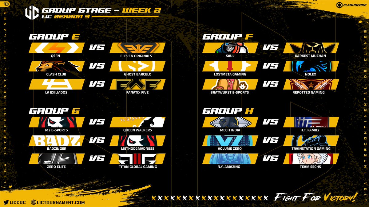 🏆 WEEK 2 - GROUP STAGE 🏆

🇪🇦 Desde el Lunes 05/07 hasta el Sábado 10/07 se jugarán las guerras de la Semana 2 🤩🥳 ¡Buena suerte! 😎

🇬🇧 From Monday 05/07 to Saturday 03/07 the Week 2 wars will be played 🤩🥳 Good luck! 😎

#FightForVictory 💪🏽🔥