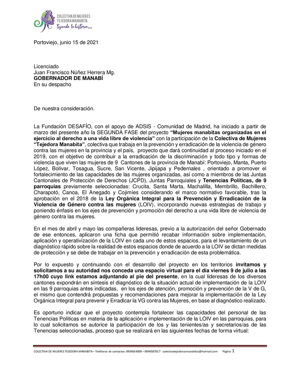 TManabitas's tweet photo. Señor Gobernador de Manabí @juanfra_nunez  Mujeres manabitas en el ejercicio al derecho a una vida libre de violencia le ha planteado reunión 9 de julio 17h00, esperamos respuesta. #Encontrémonos @GoberManabi @LassoGuillermo @MinGobiernoEc   @DesafioDerechos @FundacionAdsis https://t.co/WTkxsTno49