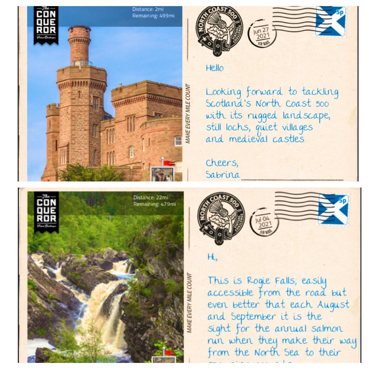 itsmesabrinad's tweet image. Loving the #NC500 with #theconquerorchallenge &amp;amp; it’s working in nicely with @MyPeakChallenge July on wheels. Best part, I can see exactly where I am as if I were there!  Love the virtual postcards. 

Bonus: trees with every challenge entry! Almost 3M trees so far!