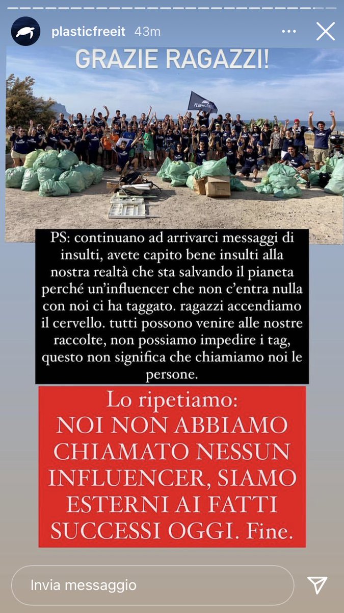 domenicomarock's tweet image. Ragazzi per favore, @plasticfreeit non c’entra niente con la fenomena del giorno (direi degli ultimi due anni a questo punto).Sono ragazzi che si spaccano la schiena per pulire le nostre coste.Hanno pubblicato questa storia, fate girare il loro messaggio e stop insulti #imenjane