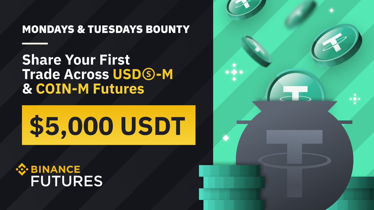 binance's tweet photo. Starting soon: #Binance Futures Mondays &amp; Tuesdays Bonus.

Share your first trade for any USDⓈ-M or COIN-M Futures pair for a chance to win a share of a 5,000 $USDT bonus jackpot! 

➡️ https://t.co/A1nt8E4hQ0 https://t.co/tY83vc1C6N