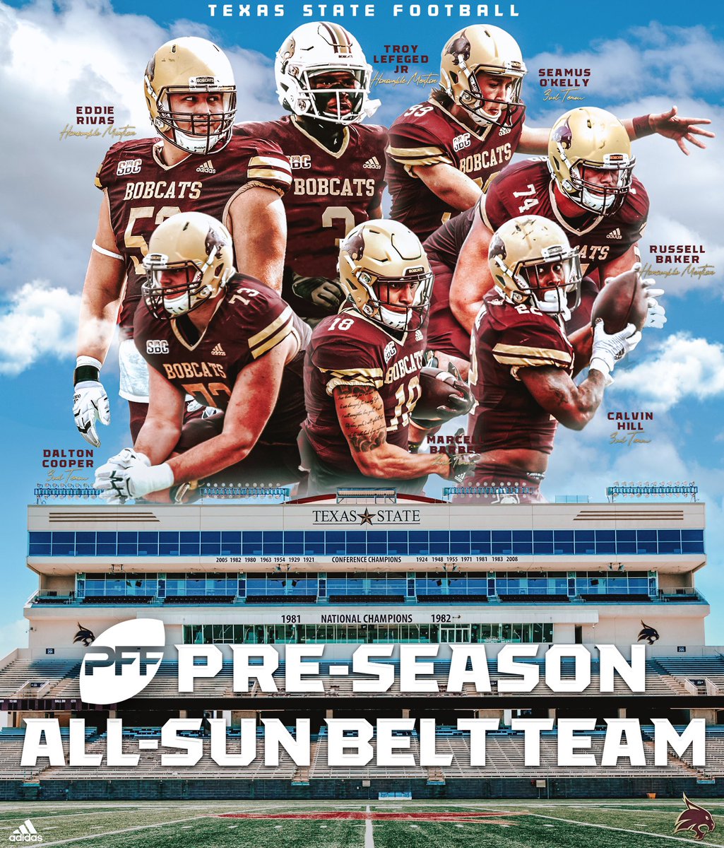Texas State Football (@txstatefootball) on Twitter photo Seven Bobcats named to <a href="/PFF_College/">PFF College</a>'s Pre-Season All Sun Belt Team!
Russell Baker
Marcell Barbee
Dalton Cooper
Calvin Hill
Troy Lefeged Jr.
Seamus O’Kelly
Eddie Rivas
#TEAM #EatEmUp Seven Bobcats named to <a href="/PFF_College/">PFF College</a>'s Pre-Season All Sun Belt Team!
Russell Baker
Marcell Barbee
Dalton Cooper
Calvin Hill
Troy Lefeged Jr.
Seamus O’Kelly
Eddie Rivas
#TEAM #EatEmUp