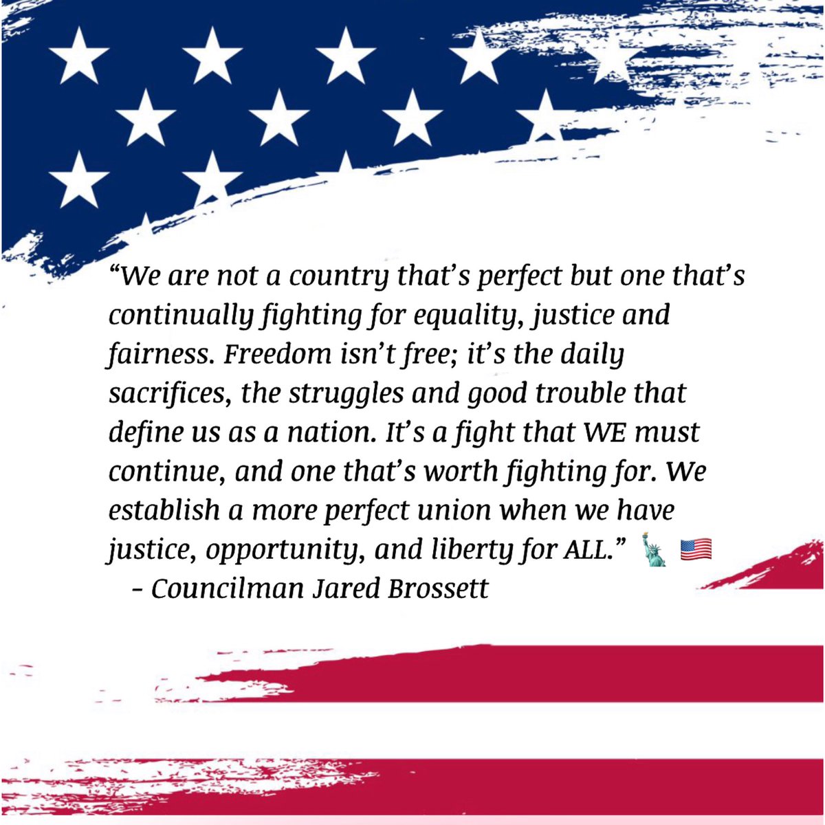 JaredCBrossett's tweet photo. Have a blessed 4th of July!
#PromiseIntoProgress #Vote #Councilman #JaredBrossett #Orleans #CouncilAtLarge #NewOrleans #NOLA #July4 https://t.co/XAxqvskhqg