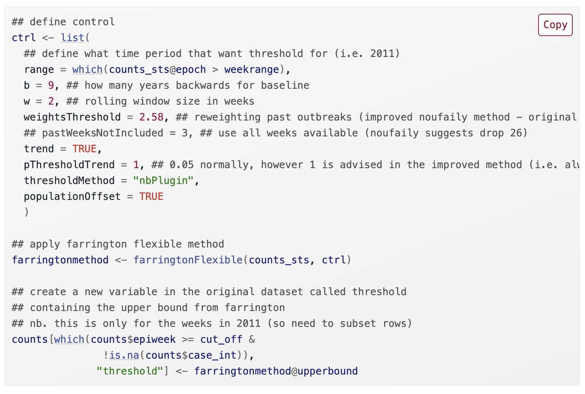 Shoei On Twitter Surveillance のfarringtonの各パラメータをリストで定義 します 次に Farringtonflexible を使ってアルゴリズムを実行し アラートの閾値を抽出し データセット に含めます 各週にアラートが発生した 閾値を超えた 場合のtrue Falseを抽出する