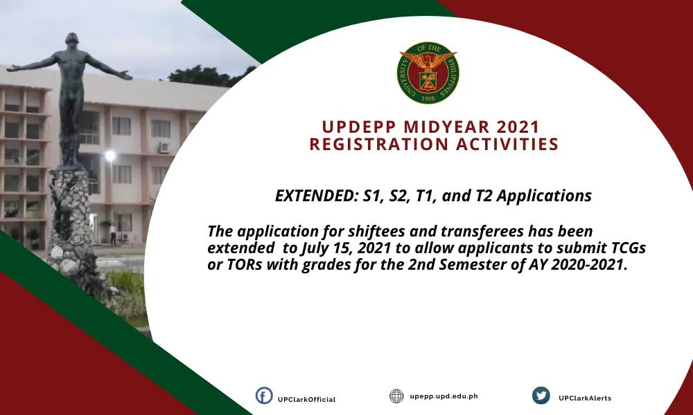 upclarkalerts's tweet photo. Application to shift or transfer to UPDEPP extended until 15 July 2021

See the primer at  https://t.co/zMKFTlUCSI for requirement details.

Note: S1, S2, T1, and T2 applicants do not yet need to submit College or University Clearance with their application. https://t.co/fmRj8I4CWs