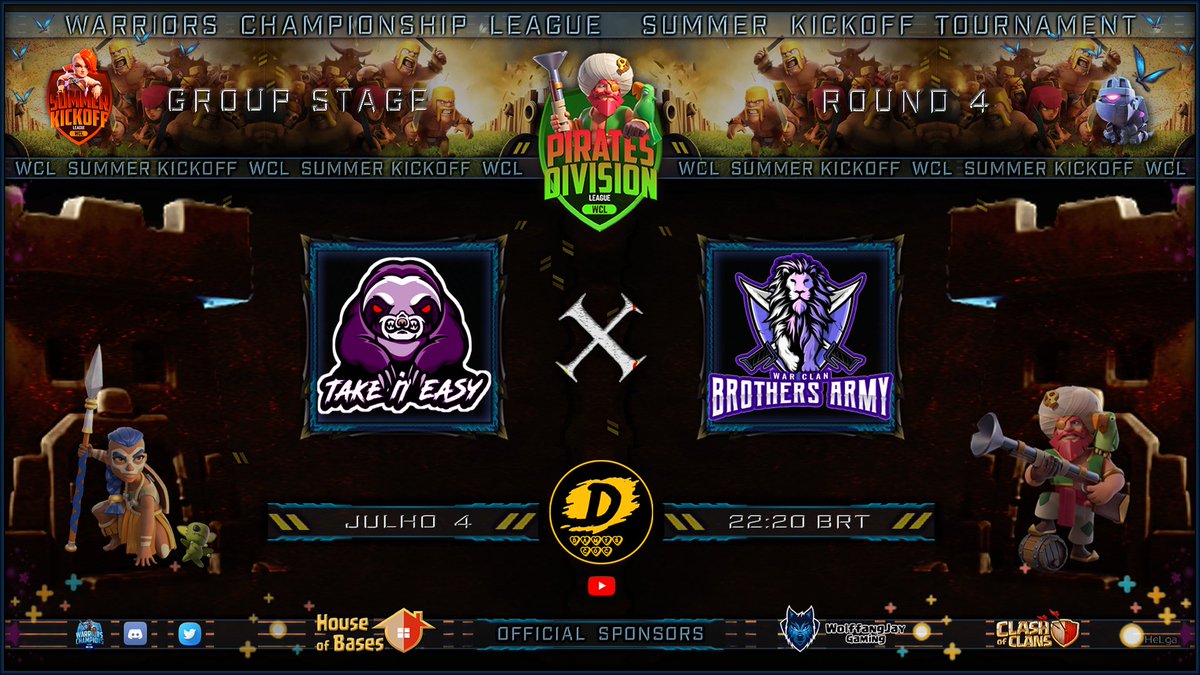 WCL e-Sports 
Pirates Division Week 4

Sunday, July 4, 9:20 PM edt | 22:20 brt
⚔️TAKE IT EASY vs Brothers Army

🇧🇷 <a href="/Dampereira/">Damys Gamer</a> 
youtube.com/c/damyscoc

Sponsors @HouseOfBases <a href="/WolffangJay/">WolffangJay</a>