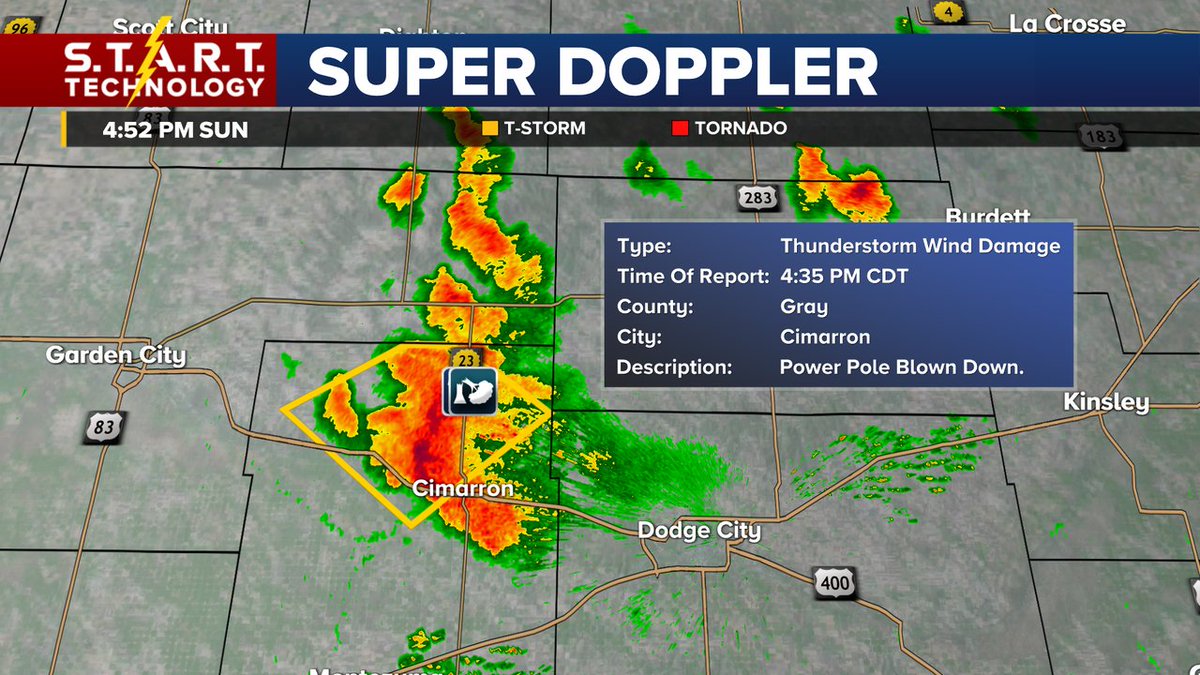 Reports of a downed power pole and golf ball sized hail are coming in from Gray County this afternoon. This storm is moving slowly, to the southwest at 10 mph.  #kswx #storm12