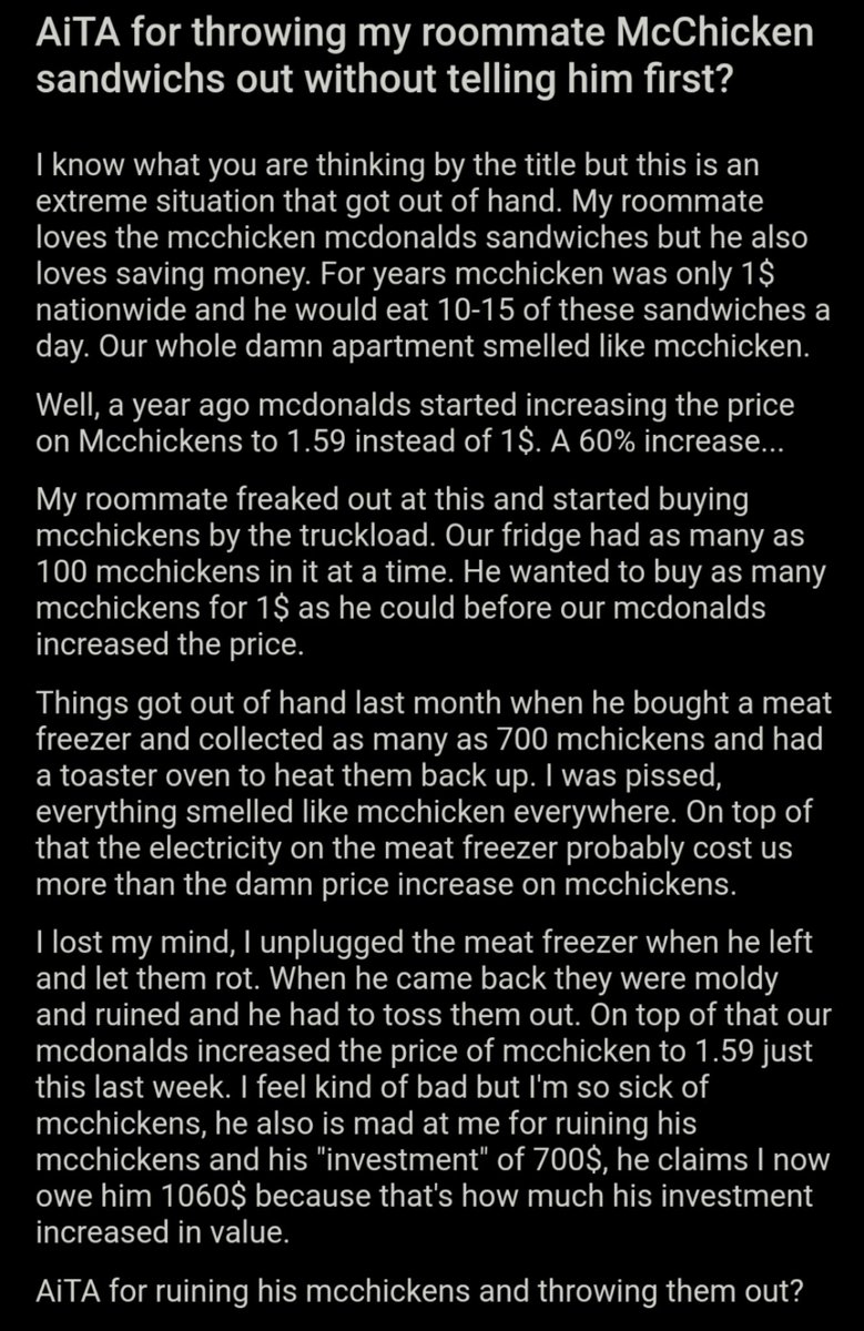 AITA_online's tweet photo. AiTA for throwing my roommate McChicken sandwichs out without telling him first?  https://t.co/sHKbpV7UmV https://t.co/4DgTmzE1MJ