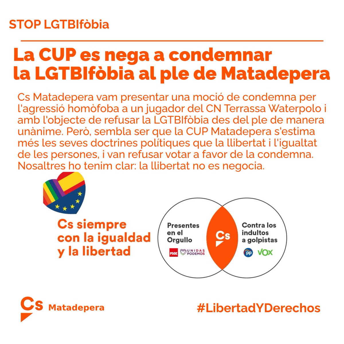 Cs_Matadepera's tweet photo. La @CUPMatadepera no té interès a defensar els drets del col·lectiu LGTBI+; sinó que s'estimen més no condemnar agressions homòfobes, perquè no són capaços de remar conjuntament per acabar amb aquesta xacra. Prefereixen lluitar contra Francos i d'altres perills inexistents. https://t.co/C5h2WJQWQe